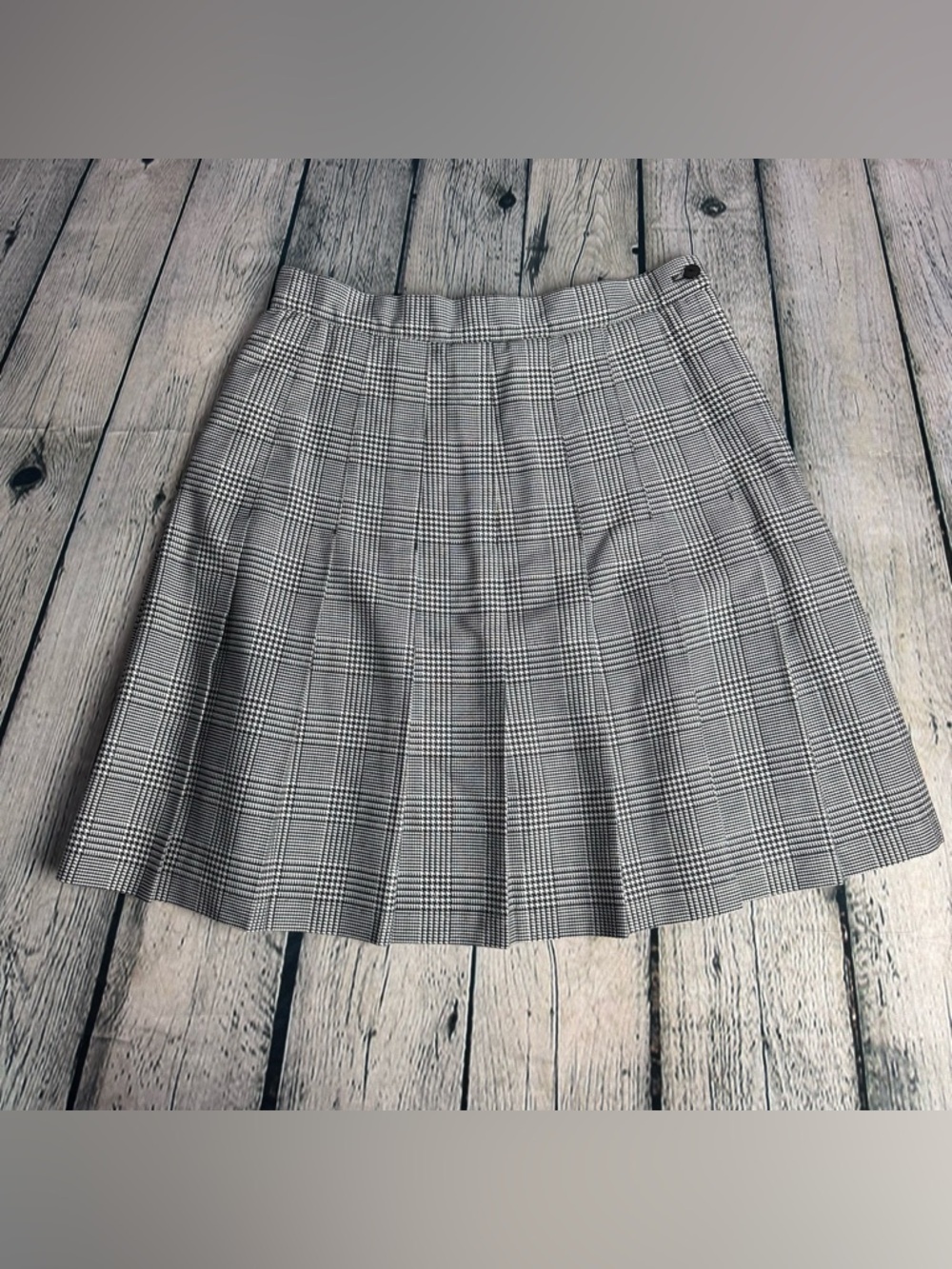 Vintage Avon Black White Micro Houndstooth Glen Plaid Pleated Skirt Preppy OS